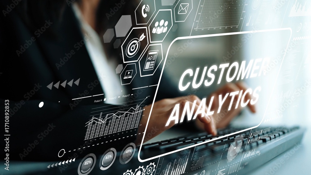 Poster Business professional analyzing customer data and metrics with modern technology and digital interface in a sleek office environment. Asymptotic smart data analytic.