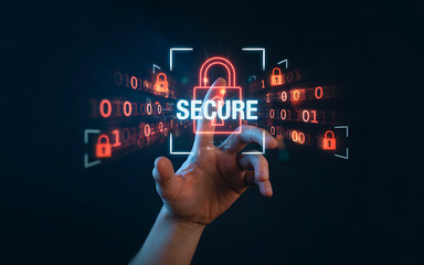 Hand Holding Secure Digital Lock Symbol, cybersecurity secure digital lock.