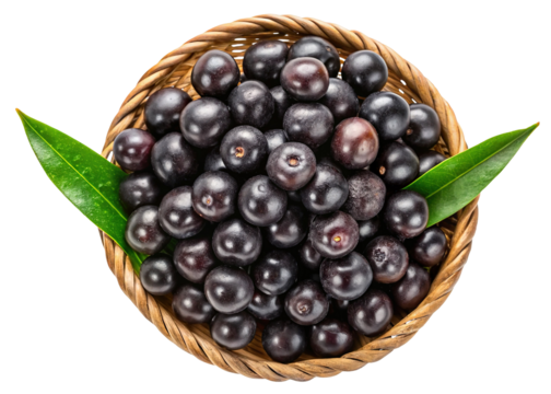 A woven basket overflowing with dark purple acai berries and two vibrant green leaves isolated on transparent background