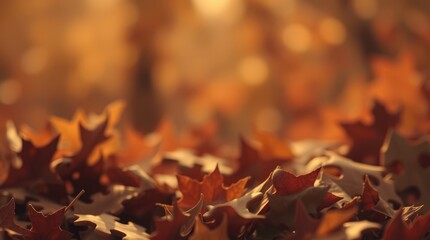 Golden autumn leaves on the ground, blurred background.