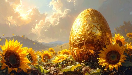 A large, ornate golden egg rests amidst a field of vibrant sunflowers under a bright, sunlit sky.