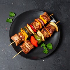 Grilled Kebab Skewers with Meat and Vegetables Isolated on Dark Background for Middle Eastern Food Object and Traditional Cuisine Concept