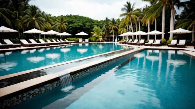 A tranquil scene with lounge chairs and umbrellas near a pool