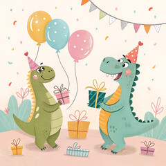 Fototapeta premium Cartoon-style birthday dinosaurs with hats and gifts, pastel fun vibe.