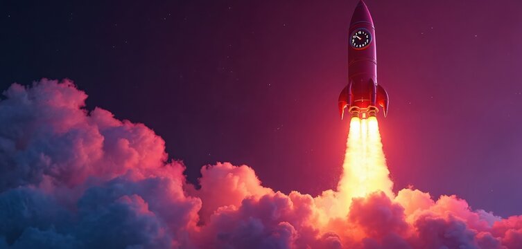 Retro rocket launches into starry sky past pink clouds. Fiery exhaust propels craft upwards. A clock face is visible on the vessel. Cosmic journey begins with bright energy.