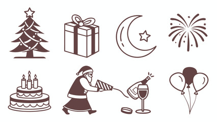 Festival and event icon set with Christmas, New Year, Ramadan, Diwali, birthday, wedding, Festival and event icon set with Christmas, New Year, Ramadan, Diwali, birthday, wedding, and celebration flat