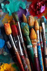 Obraz premium A collection of various paintbrushes dipped in vivid acrylic colors on an artist's messy palette, ready for creation.