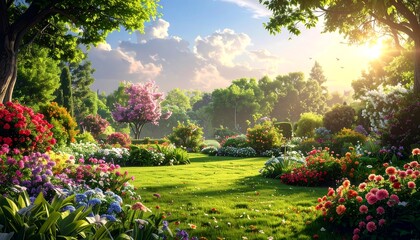 A vibrant garden scene, filled with lush greenery, colorful flowers, and a serene ambiance, bathed in warm sunlight.