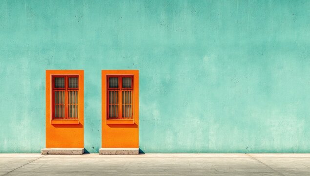 Two orange windows on a teal wall