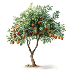 Watercolor vector illustration of Jujube Tree, isolated on white background.