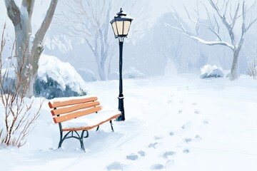 Snowy landscape featuring a quiet bench under a lamppost, surrounded by trees and soft snow, creating a serene winter atmosphere with peaceful ambiance