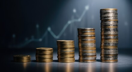 Stacked coins increasing in height against graph background representing financial growth