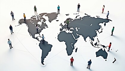 Worldwide communication network illustration presents global connections. People stay around world map connected by thin lines. Digital tech, global biz, internet networks, travel destinations.