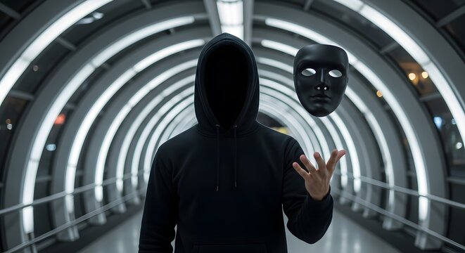 A mysterious hooded figure with an obscured face holds a floating black mask in a futuristic tunnel. - Powered by Adobe