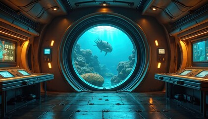 Inside futuristic underwater laboratory, large porthole vibrant coral reef. Strange sea creature swims past colorful aquatic ecosystem. Control panels, screens show scientific data, suggesting