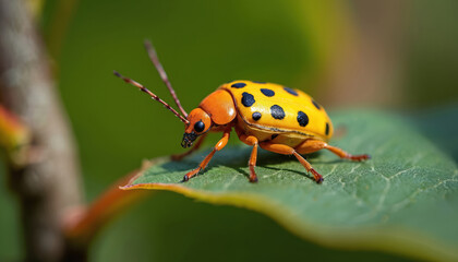 Fototapeta premium Bright yellow beetle with black spots rests on green leaf in sunlight. Orange head, legs contrast with dark body markings. Macro view of insect, nature detail, tiny creature macro photography,