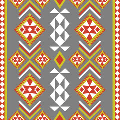 seamless geometric pattern
A seamless pixel-art pattern inspired by tribal and southwestern embroidery, featuring vertically aligned diamond shapes, chevron arrows, and geometric motifs in red, white,