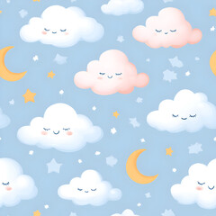 Obraz premium Cute seamless pattern with pastel clouds, stars and moon on blue background for baby nursery and children design 