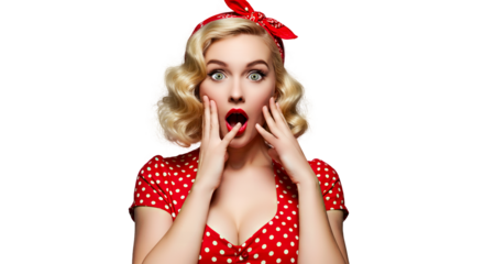 beautiful blonde girl with a startled look in a classic 50s dress