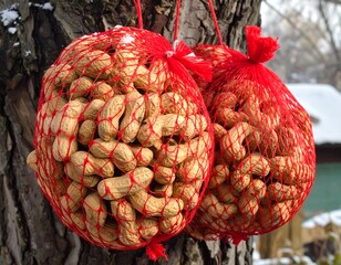 Winter peanut feeder hanging from a tree