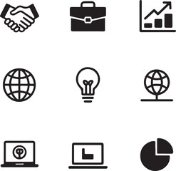Collection of black and white icons representing business handshake, briefcase, growth chart, global globe, light bulb, and digital tech. © MR JOKER