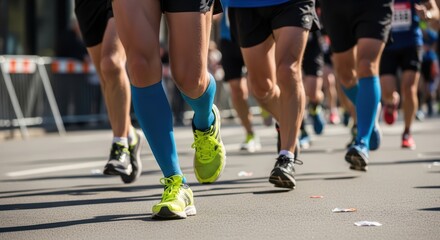 Group of runners in a marathon event wearing blue gear and neon shoes