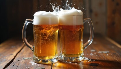 Two mugs full of beer on a wooden table. Cold beer with froth splashes from the top of the glass. Fresh beverage on a wooden counter for festive event.