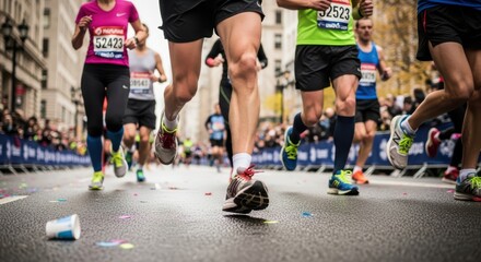 Marathon runners competing in city race with diverse participants