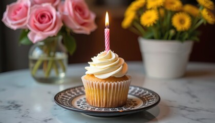 Cupcake with white frosting, lit pink candle on decorative plate. Plate sits on marble table with vase of pink roses, vase of yellow flowers in background. Cupcake in paper wrapper. Background