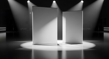 Blank White Display Boards on Stage in Spotlight in Empty Theater