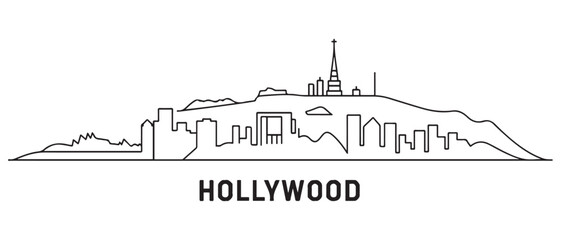 Obraz premium Hollywood Line Art skyline horizontal banner. Hollywood, California. Vector template for your design. with white background