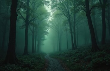 Fototapeta premium Misty forest path with tall trees lining the way. Dark green leaves cover the ground. Foggy atmosphere creates an eerie and mysterious mood. Peaceful nature scene.