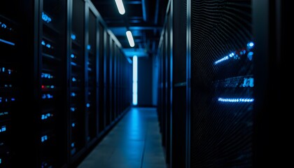 High-Tech Data Center with Server Racks and Blue LED Lights in Dark Environment