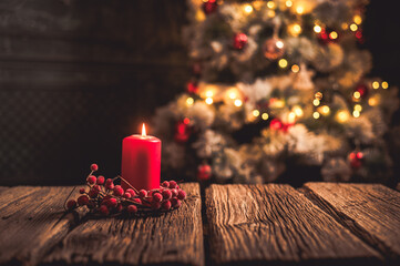  red Christmas Candle on rustic wood