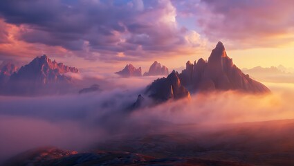 Majestic mountains piercing through ethereal fog at sunset a breathtaking vista