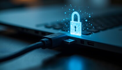 Secure Data Connection with Digital Lock Symbol on Laptop USB Port in Focus