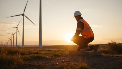 Worker in Hard Hat Observes Sunset at Wind Farm with Turbines in Background
