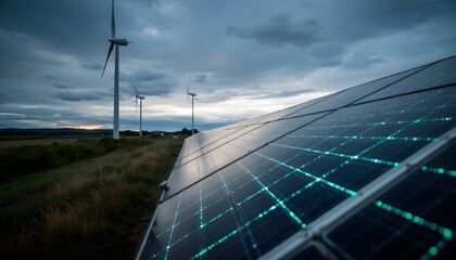 Solar Panels with Wind Turbines Under Dramatic Sky at Sunset in Rural Landscape