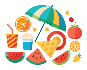 Summer Fruit and Drink Collection with Umbrella for a Beach Vacation