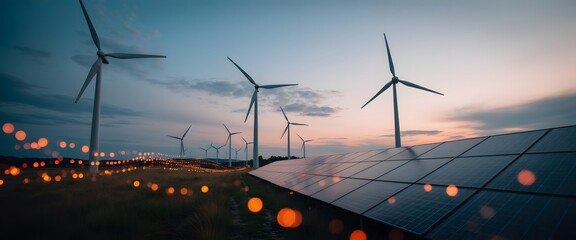 Renewable energy sources with wind turbines and solar panels at twilight scenery