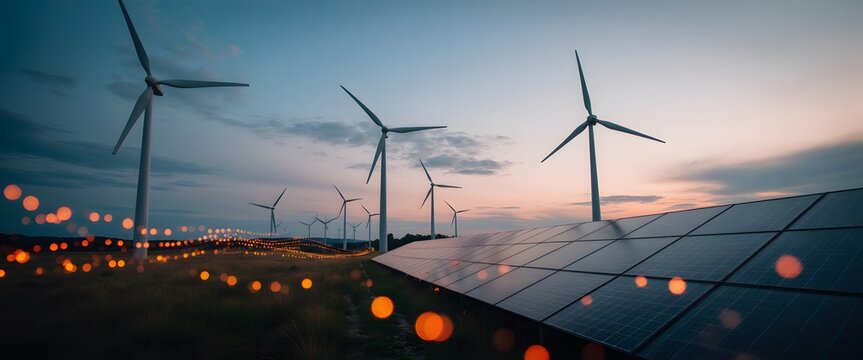 Renewable energy sources with wind turbines and solar panels at twilight scenery - Powered by Adobe