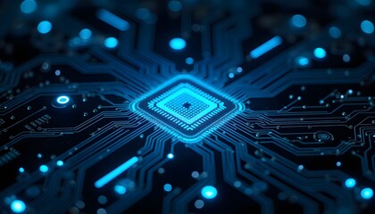 Abstract Blue Circuit Board with Microchip and Glowing Elements in Dark Background