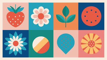 Retro Botanical Illustration with Flowers Berries and Leaves in a Colorful Grid