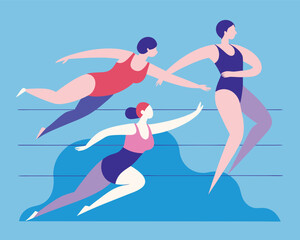Three Women Swimming in a Pool with Stylized Waves and Blue Background