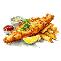 Fish And Chips in watercolor style, vector illustration, isolated on white background.