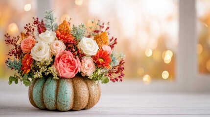 Beautiful flower arrangement in a rustic pumpkin vase during autumn season