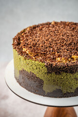 Close up of luxury Dubai pistachio chocolate cake