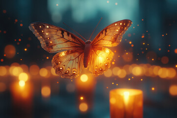 Butterfly gracefully hovers over candle flame.