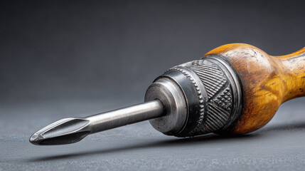 Vintage screwdriver in close-up view in metallic and wood tones for repairing