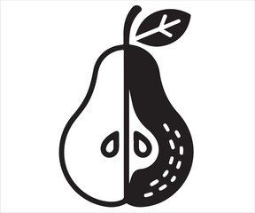 Pear fruit silhouette cut in half with seeds and leaf isolated on white background, healthy food vector illustration, organic fruit graphic design symbol, fresh nutrition icon for diet, farming, and c